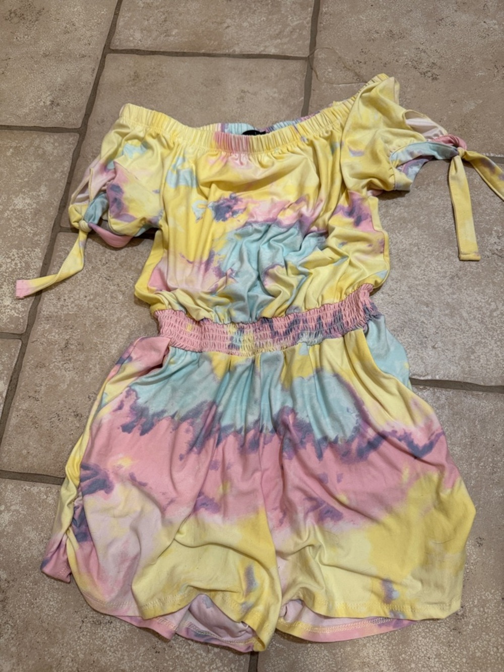Derek Heart Pastel Tie-Dye Off-Shoulder Romper in Yellow Pink Blue